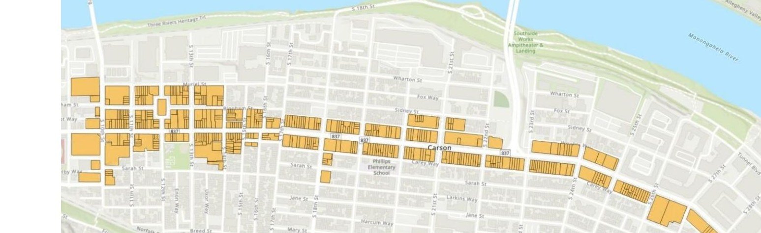 Map of the East Carson Street Improvement District, with assessed parcels shaded