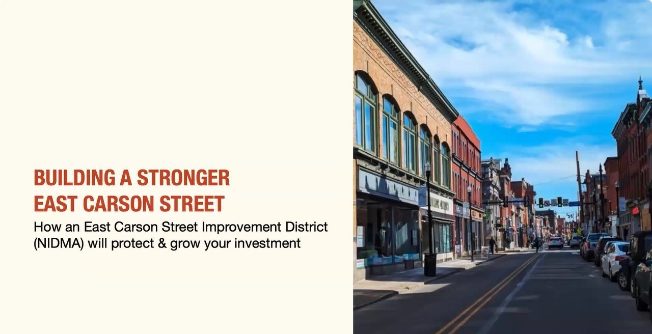 Opening slide of the recorded meeting: Building a Stronger East Carson Street